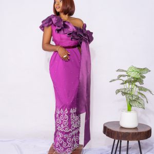 Purple off shoulder dress with bow detail