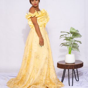Pastel yellow flared lace dress with frill detail