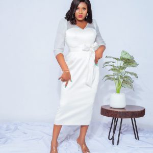 Ivory coloured Mickado silk vintage midi dress with belt