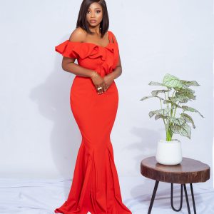 Red mermaid mono strap dress with frill detail